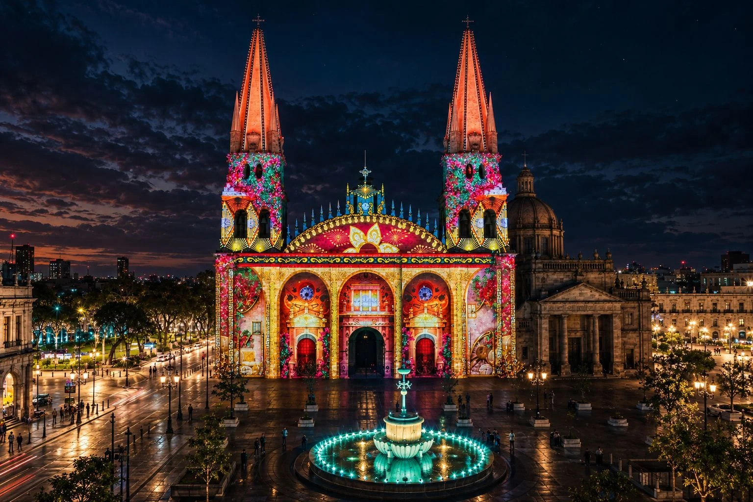 Catedral de Guadalajara iluminada de colores al anochecer